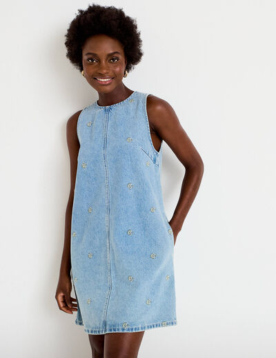 Robe courte &eacute;vas&eacute;e en jean sans manches bleu femme