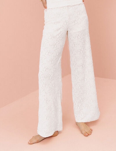 Pantalon large ajouré ecru femme