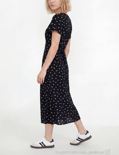 Robe longue &eacute;vas&eacute;e col v manches courtes noir femme