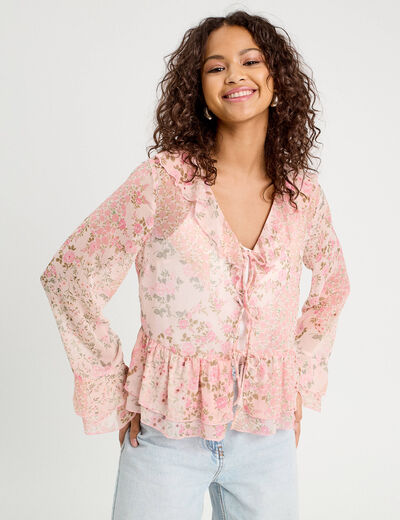 Blouse nouée manches longues rose pastel femme