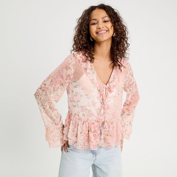 Blouse nouée manches longues rose pastel femme