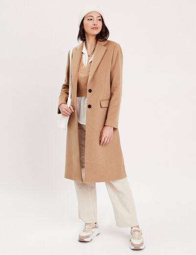 Manteau droit long boutonné camel femme
