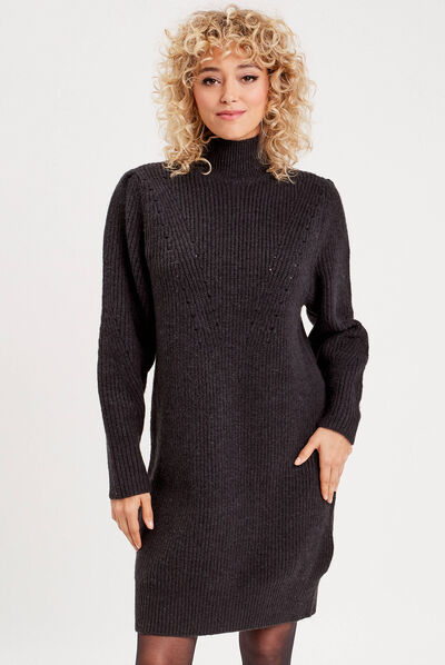 Robe pull moulante col montant noir femme