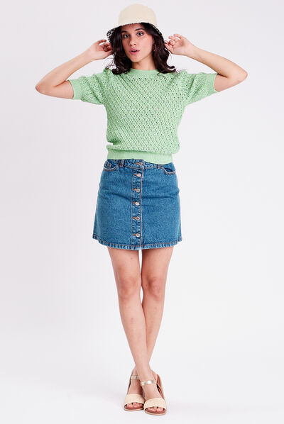 Pull manches courtes ajouré vert clair femme
