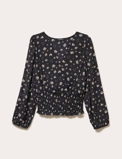 Blouse courte taille smock&eacute;e noir femme