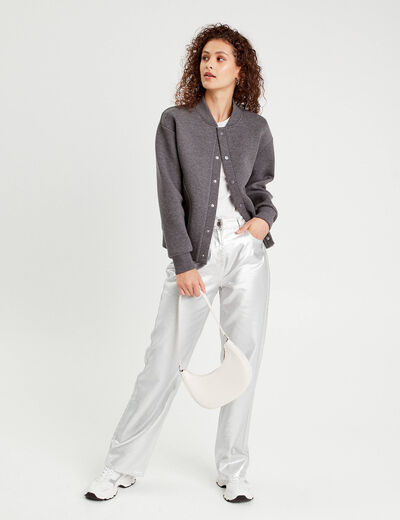 Pantalon large enduit gris argent femme