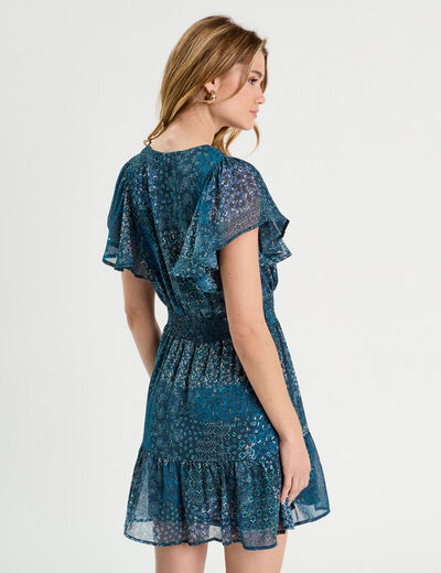 Robe évasée taille smockée bleu foncé femme