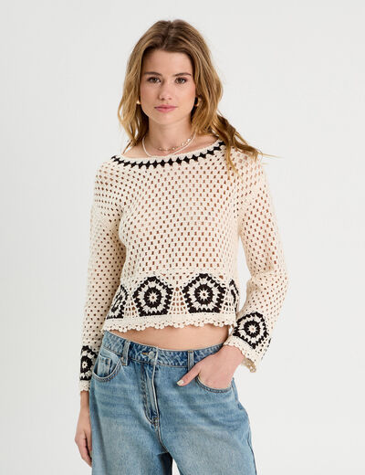 Pull effet crochet beige femme