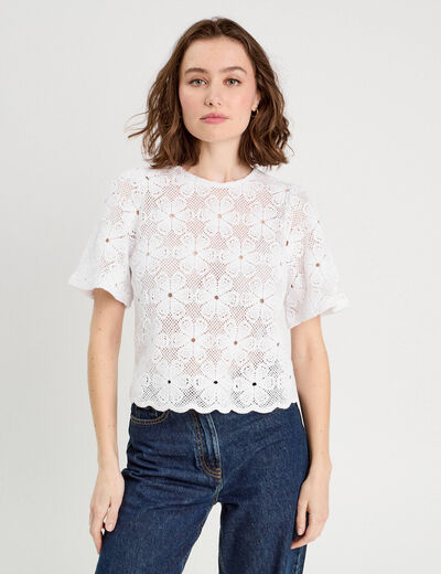 T-shirt dentelle macramé blanc femme