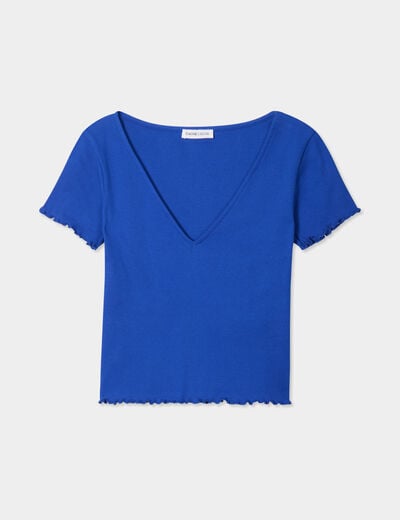T-shirt côtelé manches courtes bleu electrique femme