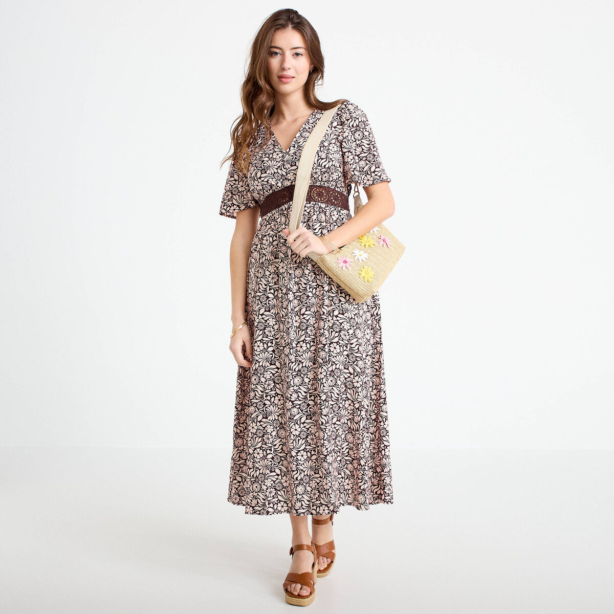 Robe longue &eacute;vas&eacute;e col v manches courtes marron femme