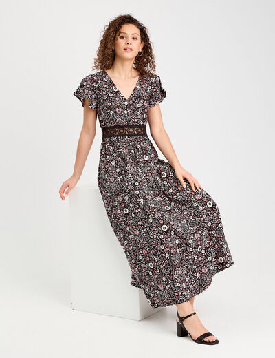 Robe longue évasée noir femme