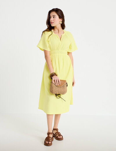 Robe midi pliss&eacute;e col v manches courtes jaune citron femme