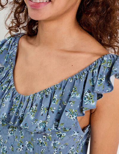 Blouse col volants bleu foncé femme