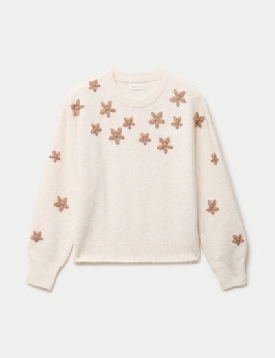 Pull oversize brod&eacute; manches longues ecru femme