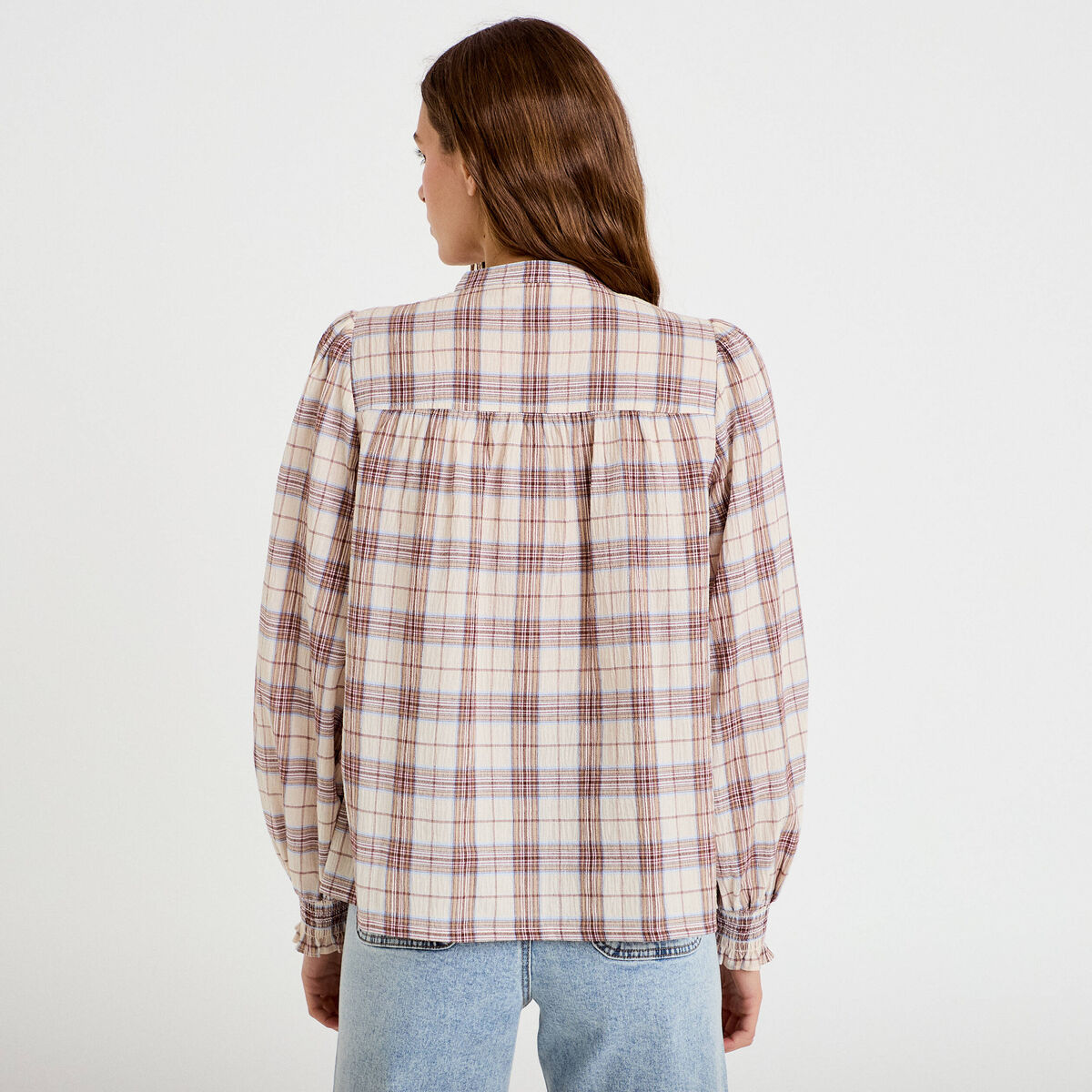 Blouse ample col montant manches longues beige femme