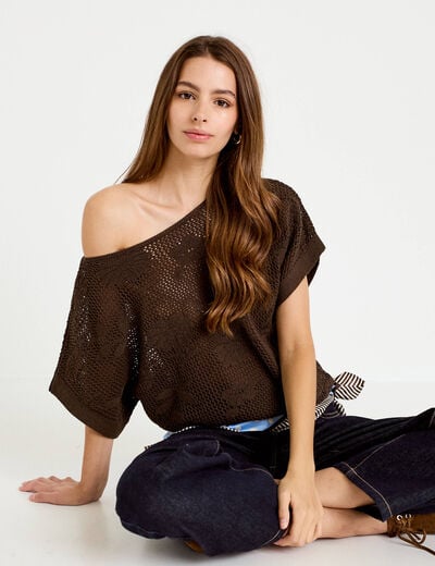 Pull ajour&eacute; col bateau manches courtes marron fonc&eacute; femme