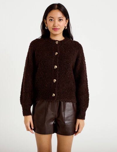 Gilet bouclette col rond manches longues marron fonc&eacute; femme