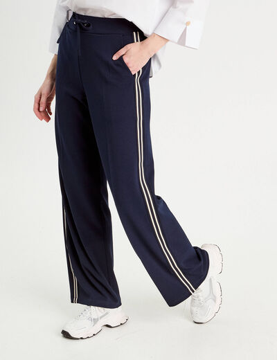 Pantalon large avec bandes bleu marine femme