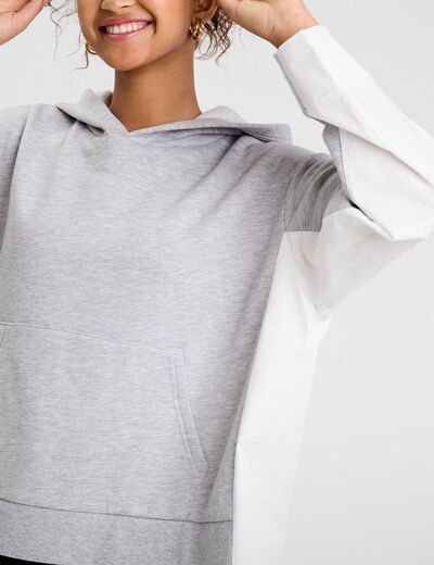 Sweat droit long &agrave; capuche gris clair femme