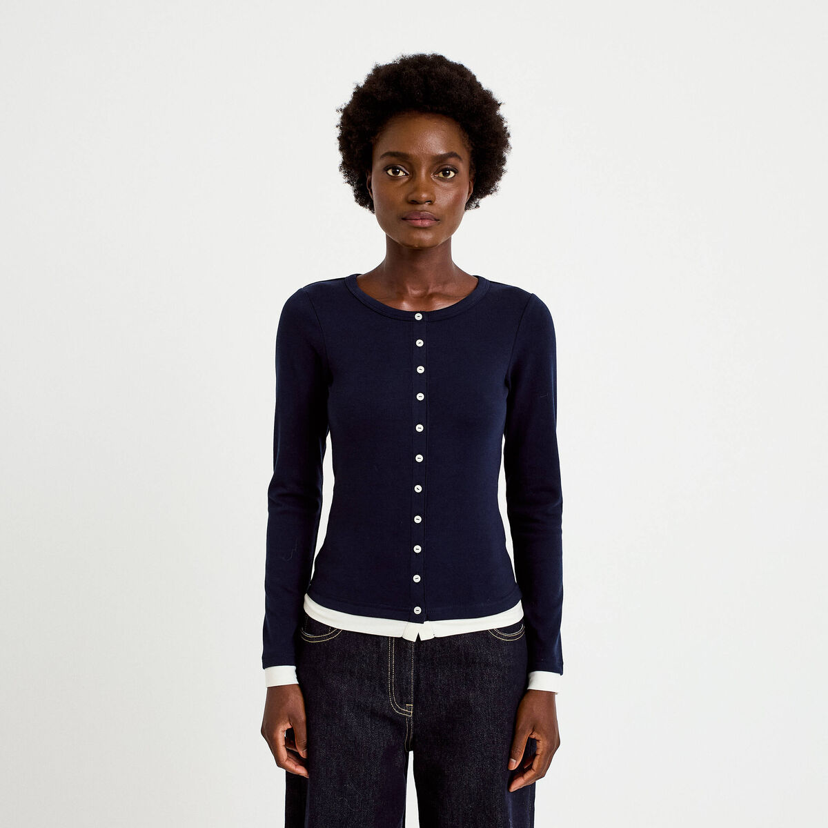 Top col rond manches longues bleu marine femme