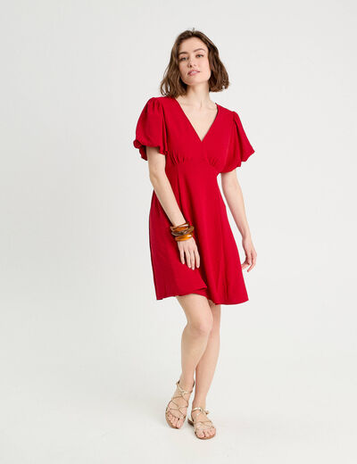 Robe trapèze manches ballons rouge femme