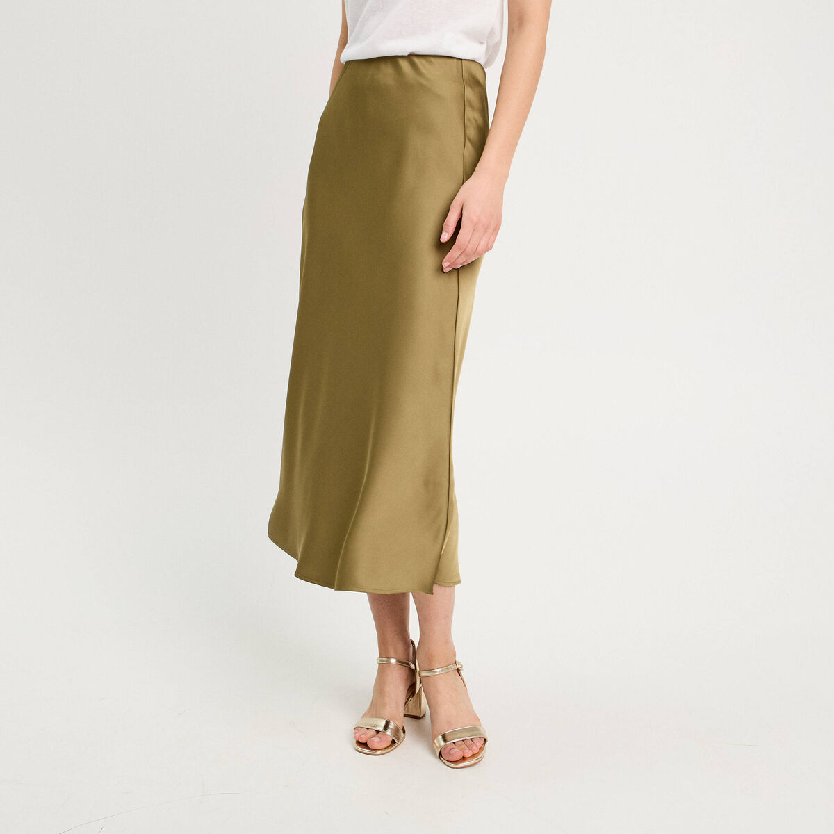 Jupe longue trapèze satin vert foncé femme