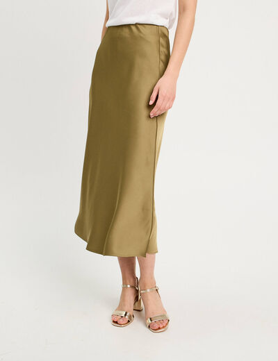 Jupe longue trapèze satin vert foncé femme