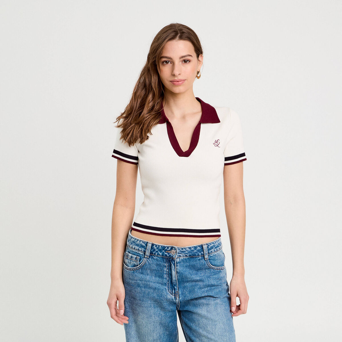 Pull manches courtes col polo ecru femme
