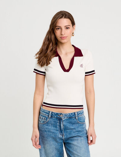 Pull manches courtes col polo ecru femme