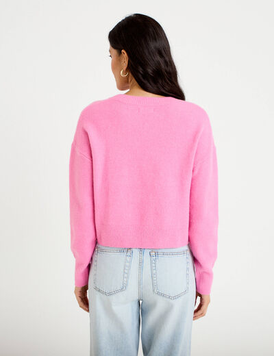 Gilet col rond manches longues avec lien rose clair femme