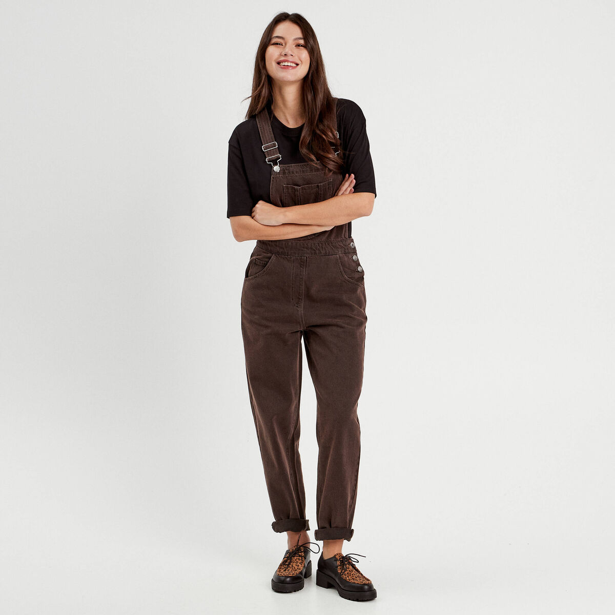 Salopette droite en jean marron foncé femme
