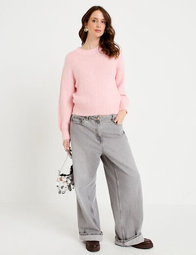 Jeans wide leg taille haute denim gris femme