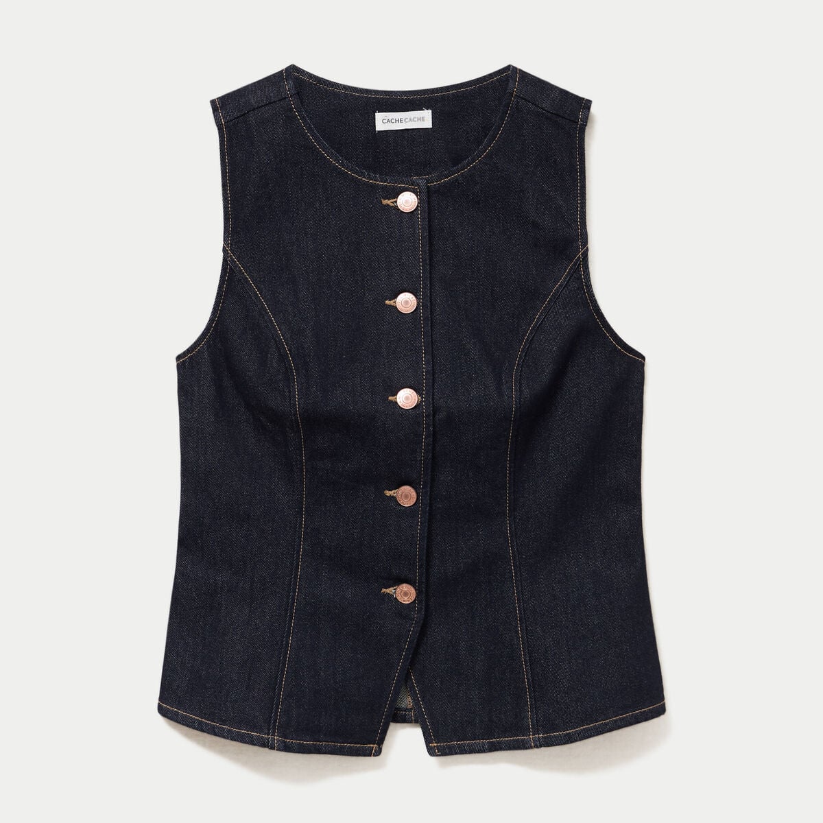 Gilet cintr&eacute; sans manches en jean denim brut femme