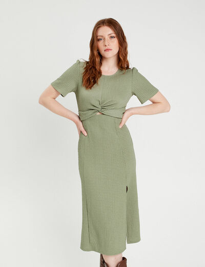 Robe midi ajustée col rond vert kaki femme