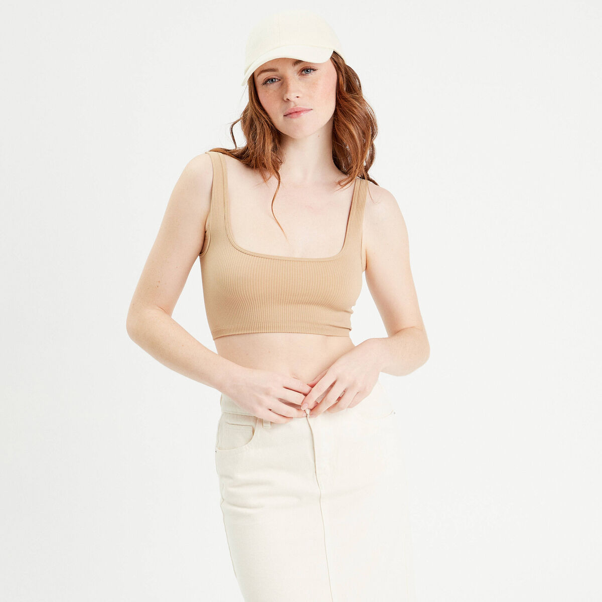 D&eacute;bardeur cropped c&ocirc;tel&eacute; beige femme