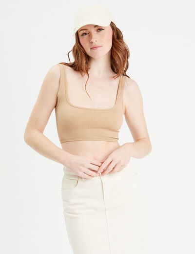 Débardeur cropped côtelé beige femme