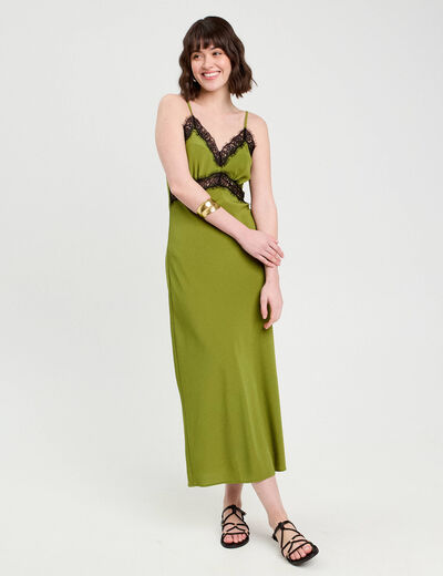 Robe longue ajustée dentelle vert foncé femme