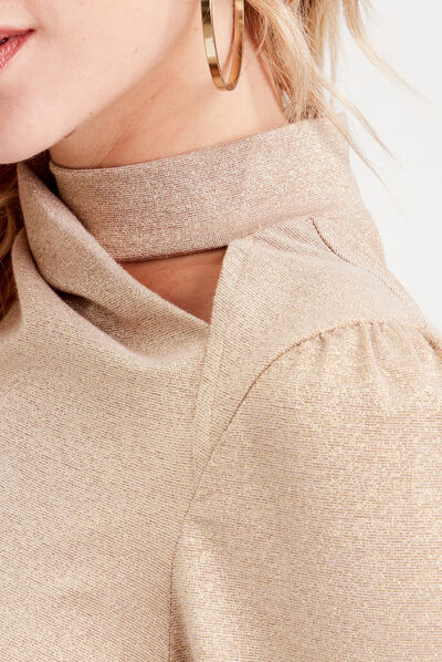T-shirt col montant beige femme
