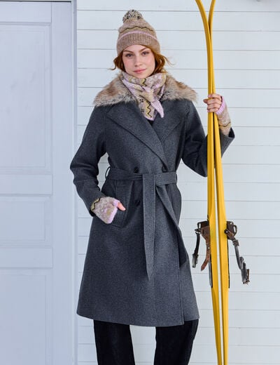 Manteau droit mi-long &agrave; manches longues gris femme