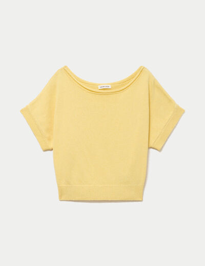 Pull ample cropped manches courtes jaune pastel femme