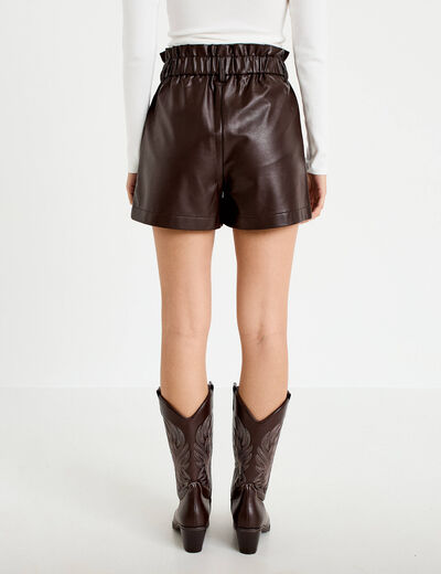 Short large taille haute en similicuir marron fonc&eacute; femme