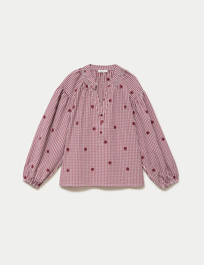 Blouse vichy brod&eacute;e rouge femme