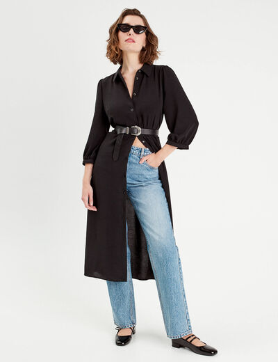 Robe longue chemise ceinturée noir femme