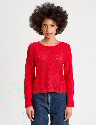 T-shirt ajouré effet crochet rouge femme