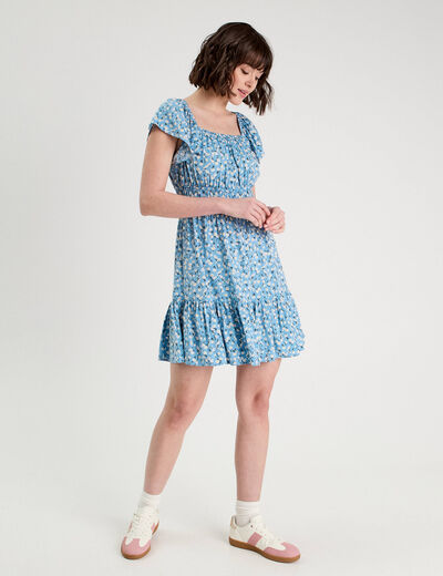 Robe évasée manches courtes bleu femme