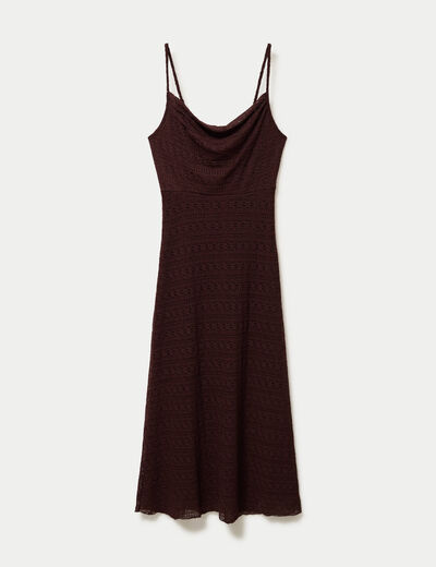 Robe longue droite col b&eacute;nitier dentelle marron femme