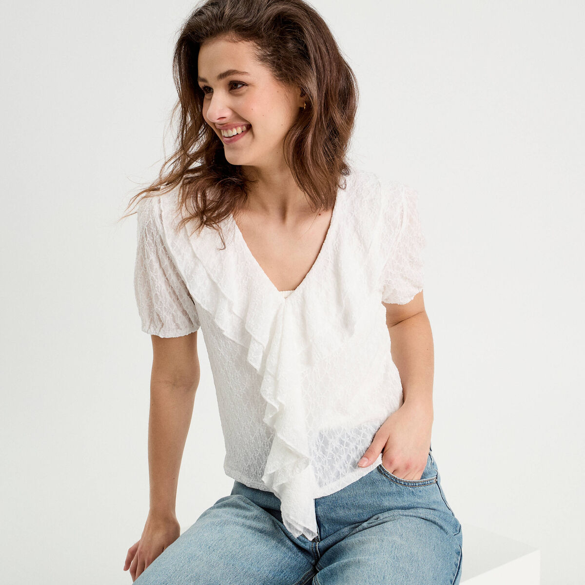 Blouse dentelle et volants blanc femme