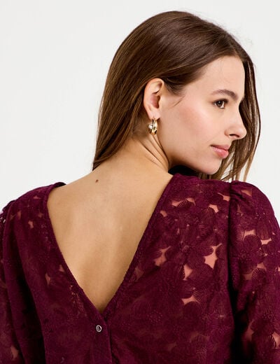 Blouse droite col v en dentelle prune femme