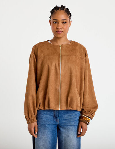 Veste oversize effet boule aspect daim camel femme